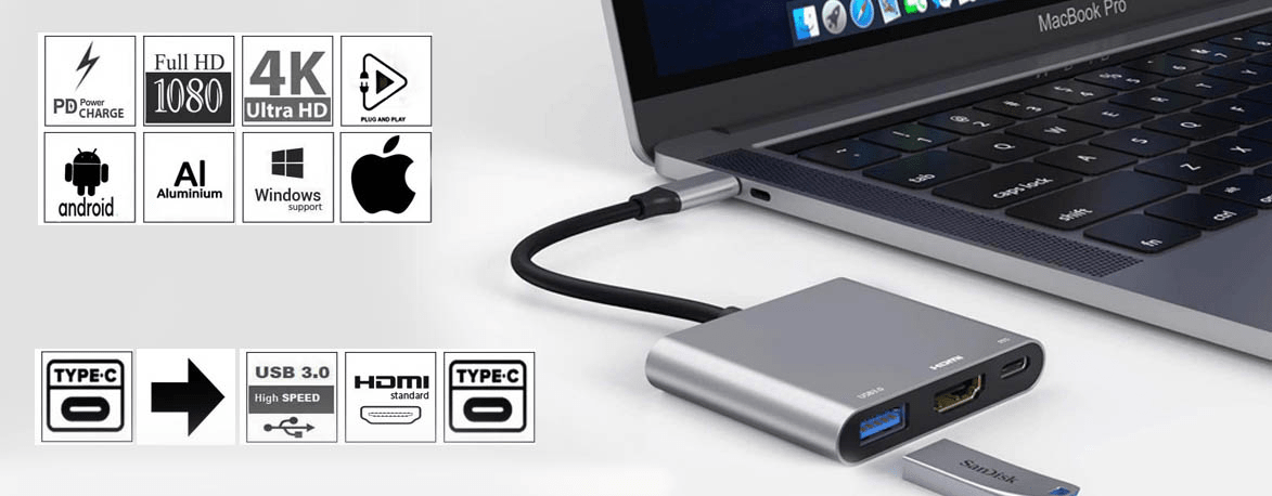 Sunline 170676 Type-C USB3.0+HDMI(4Kx2K)+Type-C Dönüştürücü