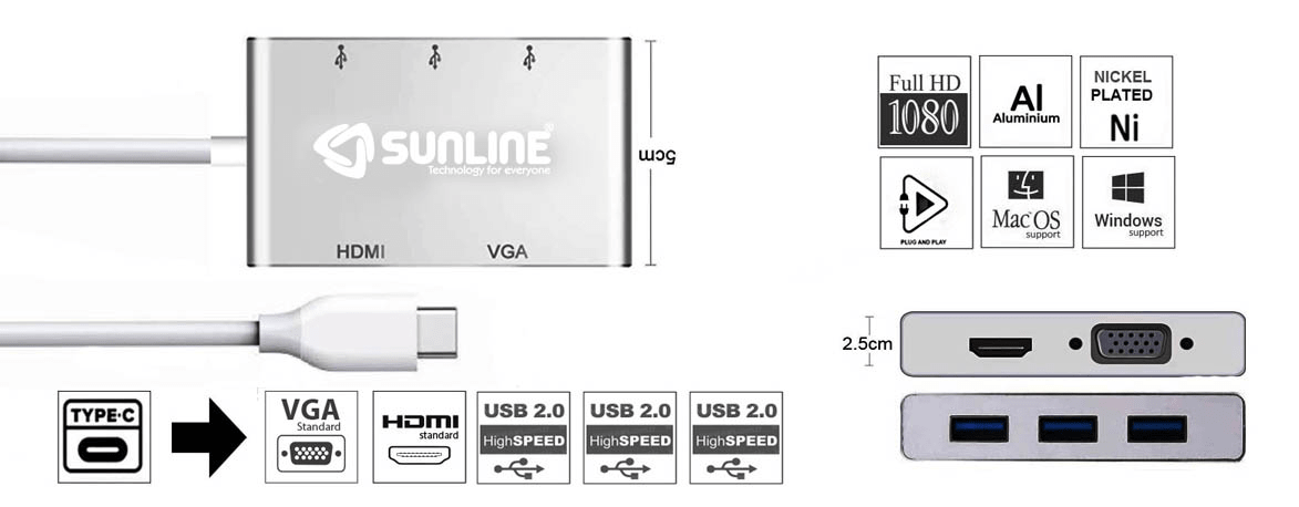 Sunline 170694 Type-C USB 3.0 Hub/HDMI /VGA 5 in 1 Dönüştürücü